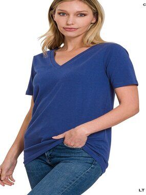 ZENANA BUTTERY SOFT COTTON V-NECK SHORT SLEEVE T-SHIRT NAVY S-XL